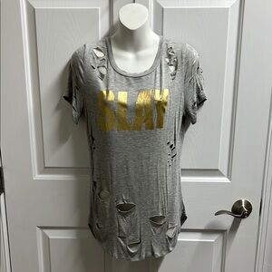 SJL Apparel Gray Women’s Cut-Out Design Tee with Gold Slay All Day Text